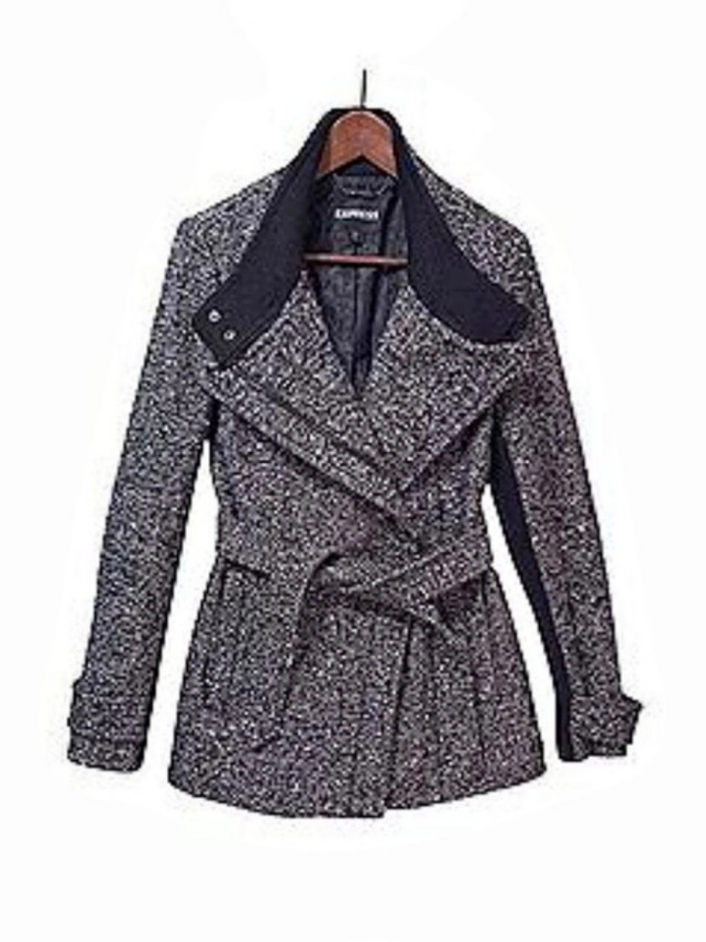 Express Black White Tweed Wool Blend Belted Asymmetrical Moto Coat
